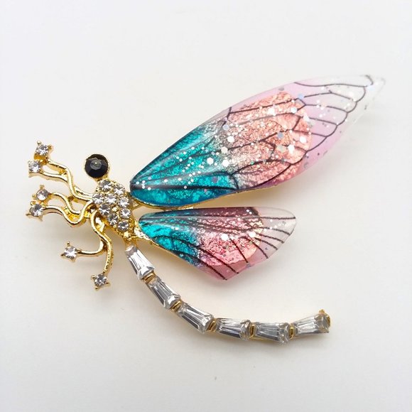 NEW Dragonfly Rhinestone Brooch Pin Crystal Gold tone Metal Magical Insect Lucky - Picture 1 of 3